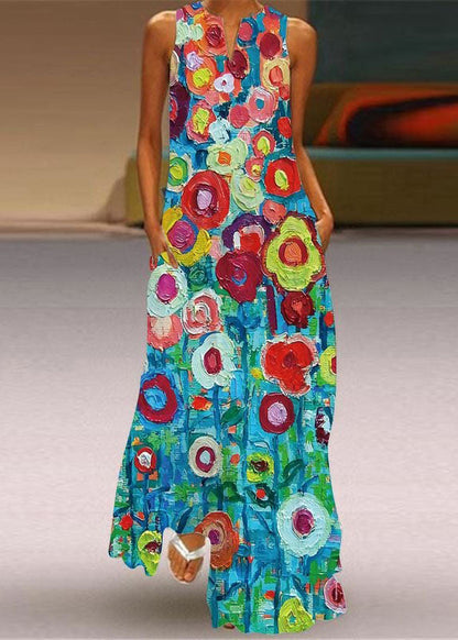 Green Print Pockets Chiffon Beach Dress Sleeveless