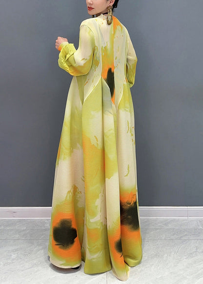 Green Print Wrinkled Cotton Maxi Dresses Puff Sleeve