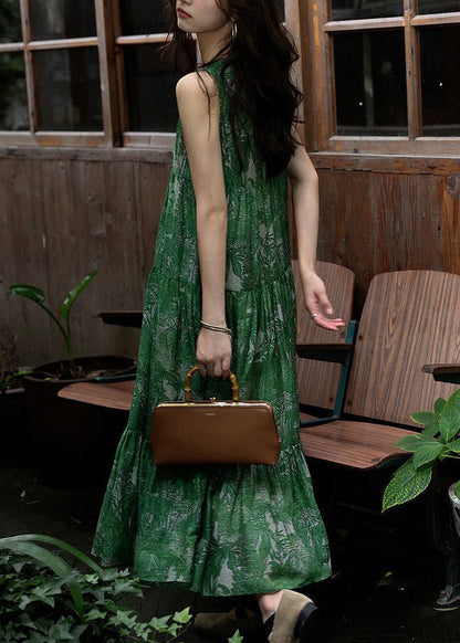 Green Print Wrinkled Silk Cotton Dress Sleeveless