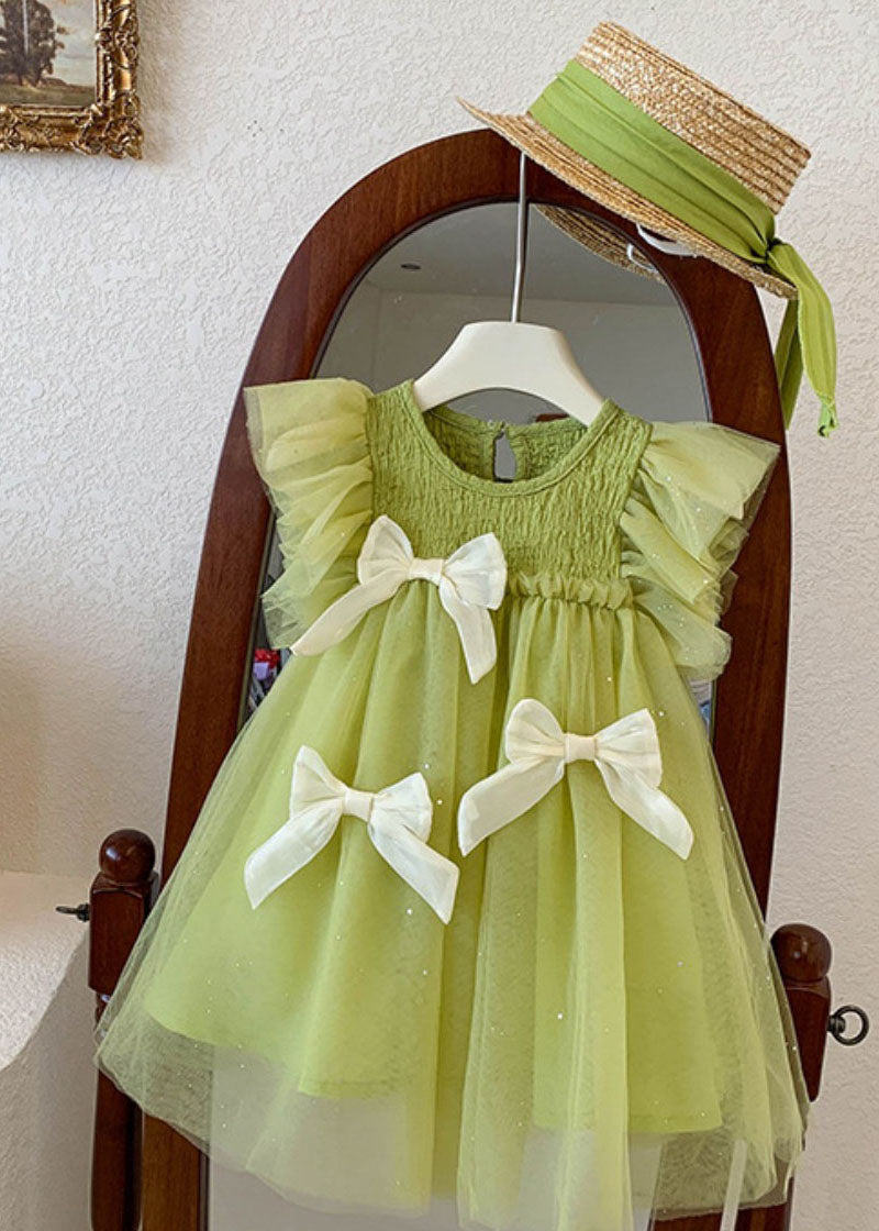 Green Ruffled Bow Patchwork Tulle Kids Princess Dress Summer