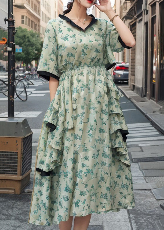 Green Ruffled Pockets Cotton Dresses Summer