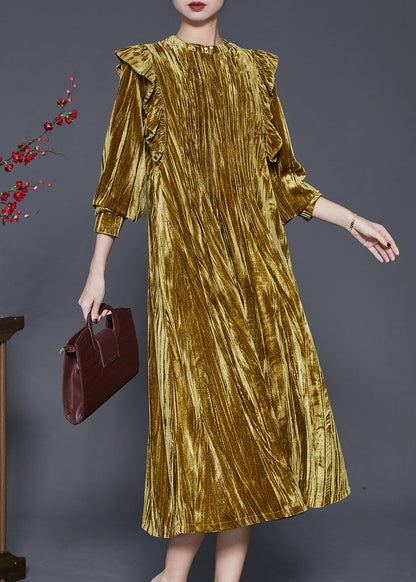 Green Ruffled Wrinkled Silk Velvet Holiday Dress Spring