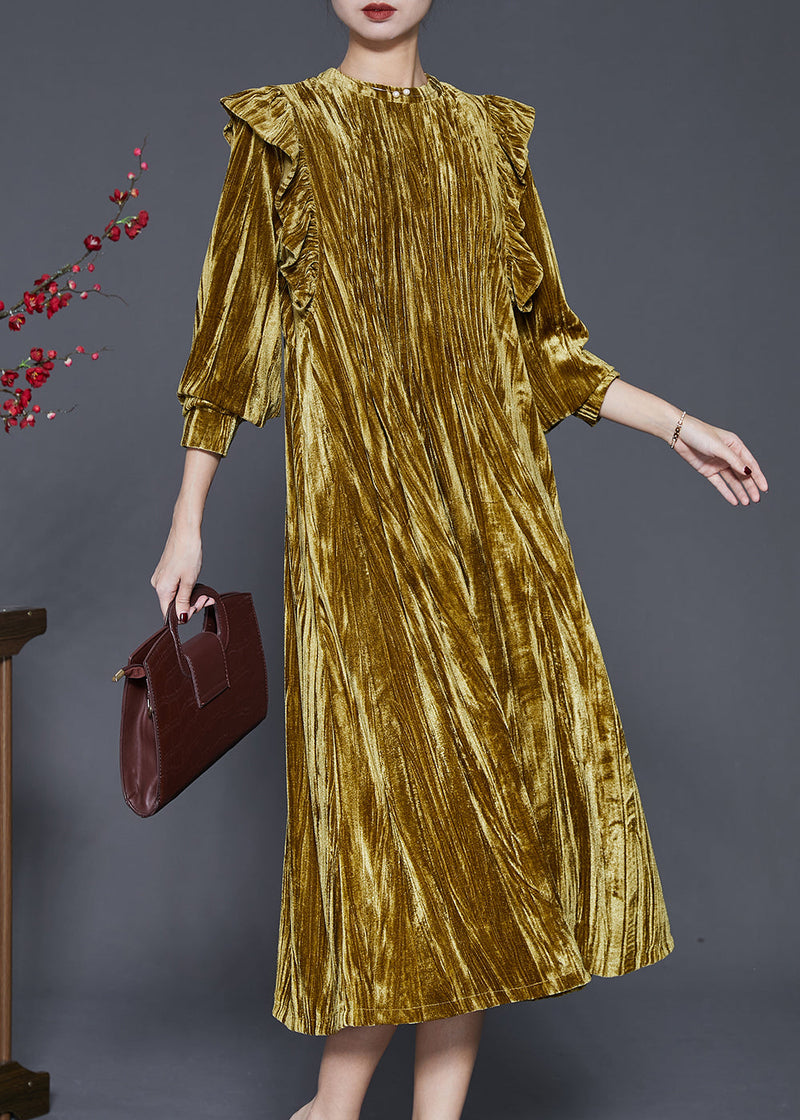 Green Ruffled Wrinkled Silk Velvet Holiday Dress Spring