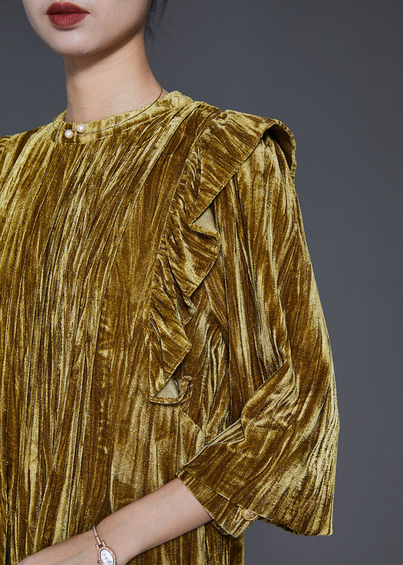 Green Ruffled Wrinkled Silk Velvet Holiday Dress Spring