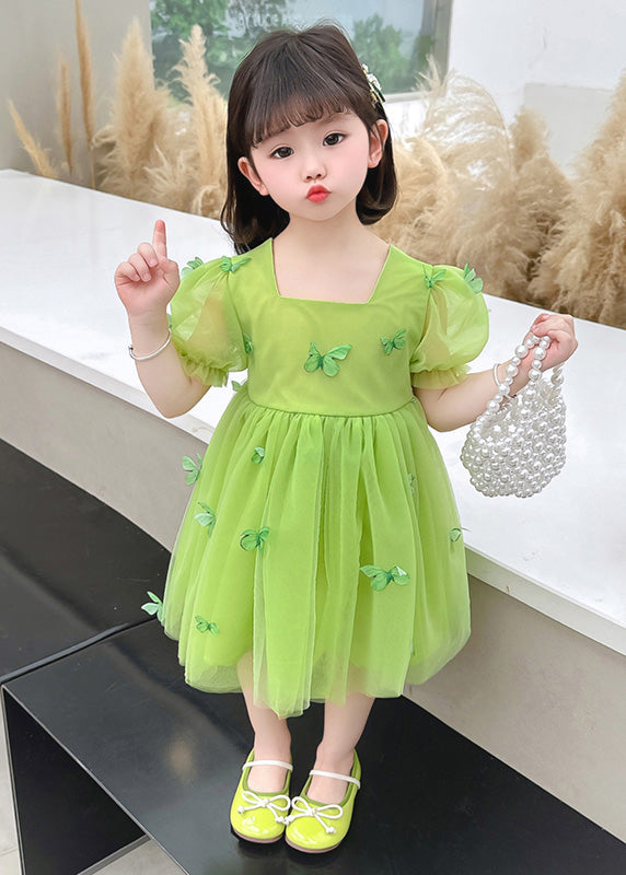 Green Square Collar Patchwork Tulle Long Dresses Short Sleeve