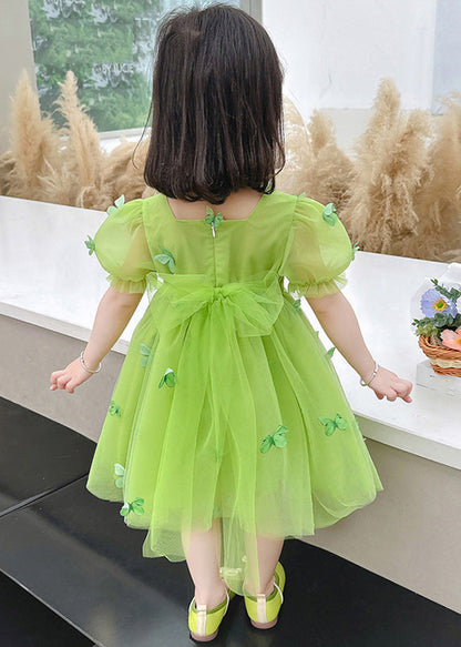 Green Square Collar Patchwork Tulle Long Dresses Short Sleeve