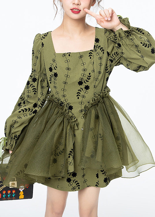 Green Square Collar Print Tulle Patchwork Mid Dresses Long Sleeve