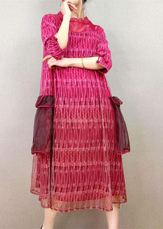 Green Stand Collar Embroideried Patchwork Tulle Dress Summer