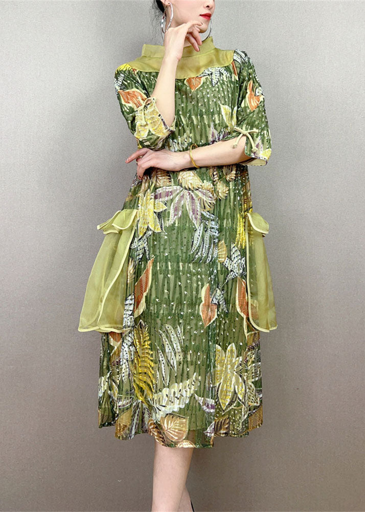Green Stand Collar Embroideried Patchwork Tulle Dress Summer