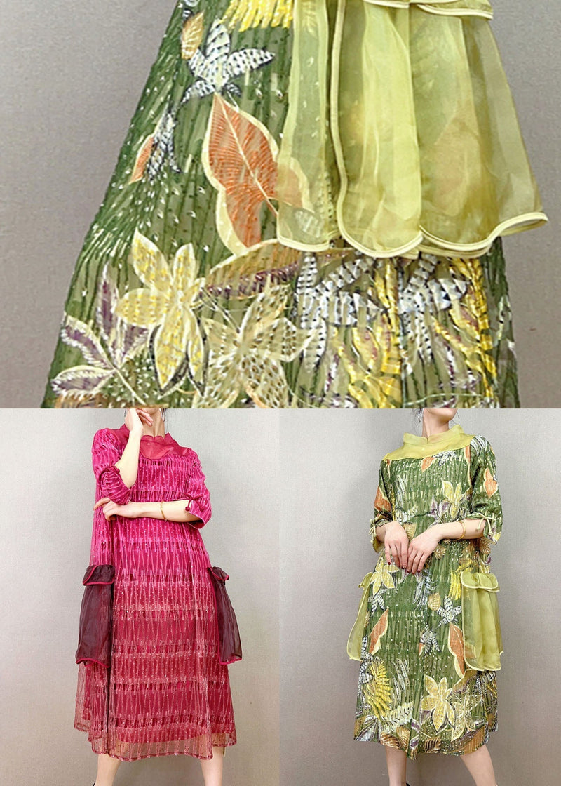 Green Stand Collar Embroideried Patchwork Tulle Dress Summer