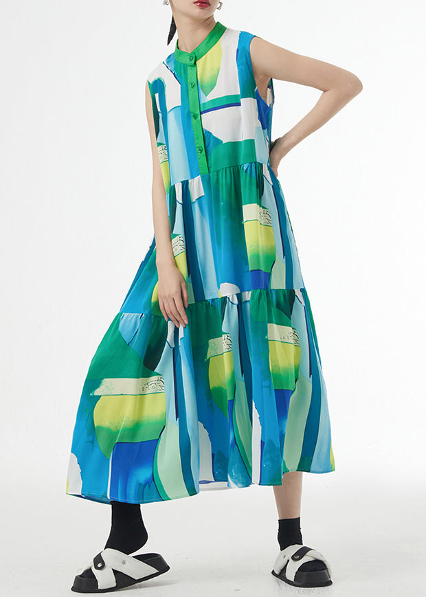 Green Stand Collar Print Patchwork Cotton Party Long Dresses Sleeveless