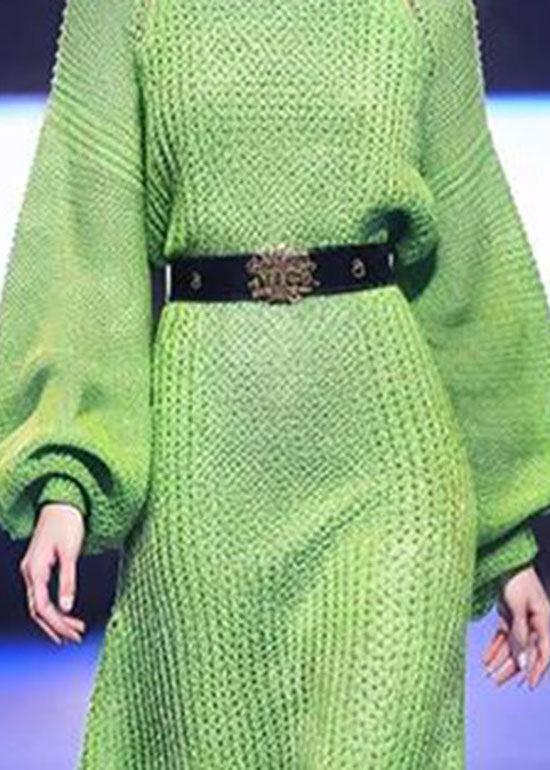 Green Turtleneck Sashes Cotton Knit Knit Sweater Dress Winter