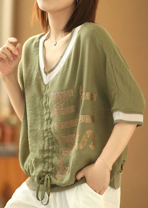 Green V Neck Drawstring Patchwork Shirt Short Sleeve