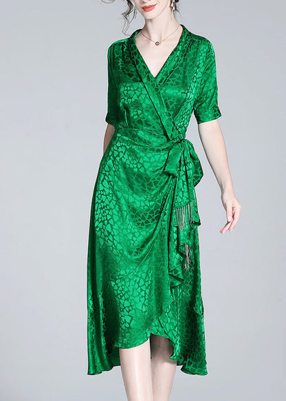 Green V Neck Print Bow Tunic Maxi Dress Short Sleeve