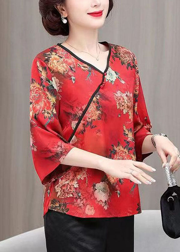 Green V Neck Print Button Silk Tops Summer