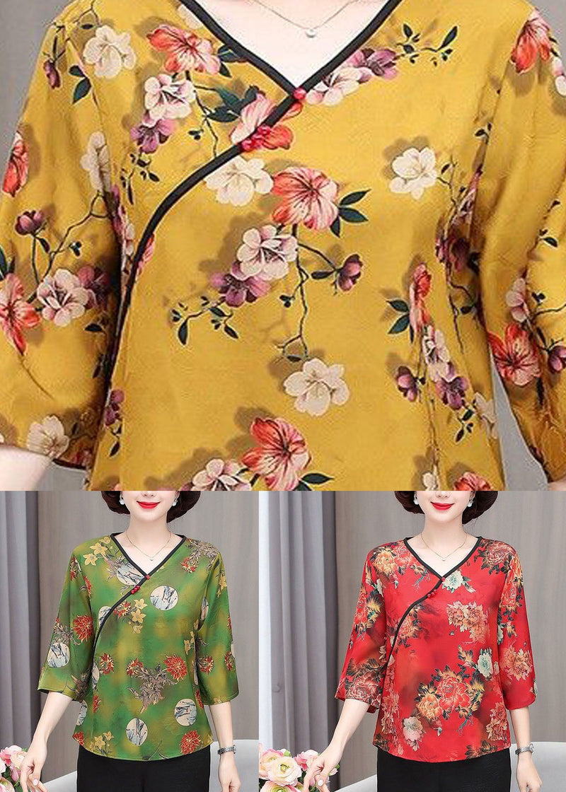 Green V Neck Print Button Silk Tops Summer