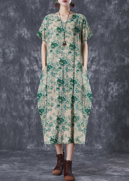 Green V Neck Print Linen Robe Dresses Summer