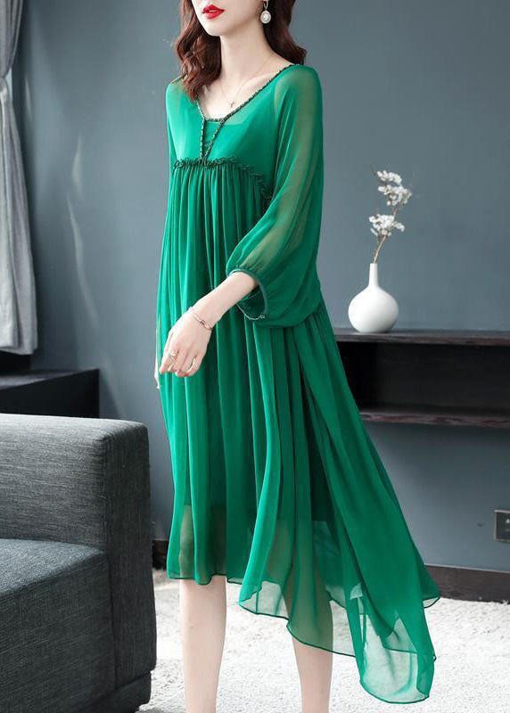 Green V Neck Ruffled Wrinkled Chiffon Party Dress Bracelet Sleeve