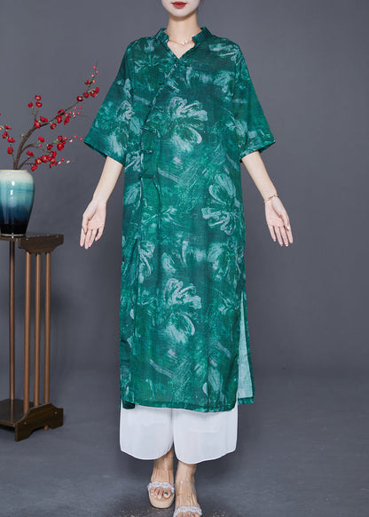 Green V Neck Tie Dye Linen Long Dress Summer