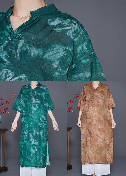 Green V Neck Tie Dye Linen Long Dress Summer