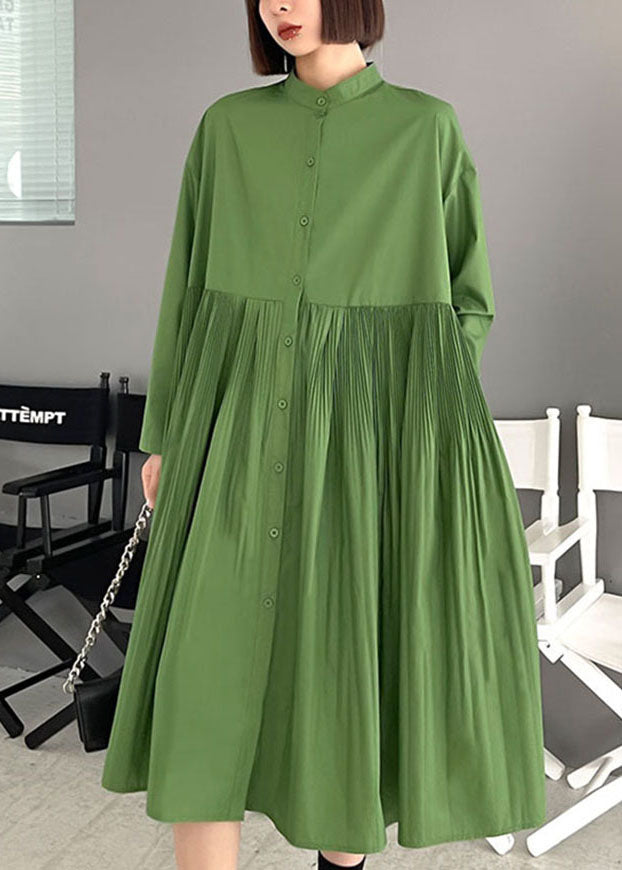Green Wrinkled Pockets Button Fall Long Sleeve Dress