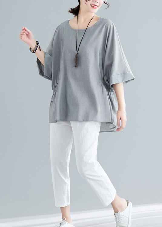 Grey Cinched Cotton Blouse Tops Summer