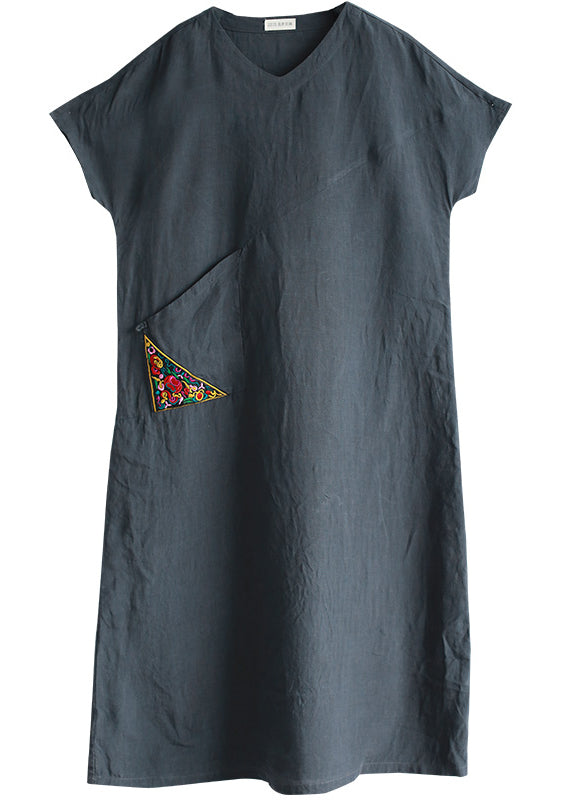 Grey Embroideried V Neck Patchwork Linen Dress Short Sleeve