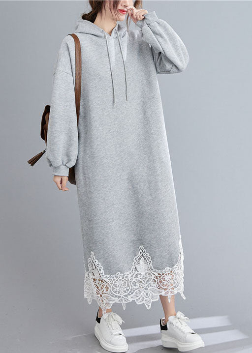 Grey Hooded Patchwork Loose Sweatshirts Dress Winter