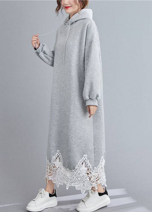 Grey Hooded Patchwork Loose Sweatshirts Dress Winter