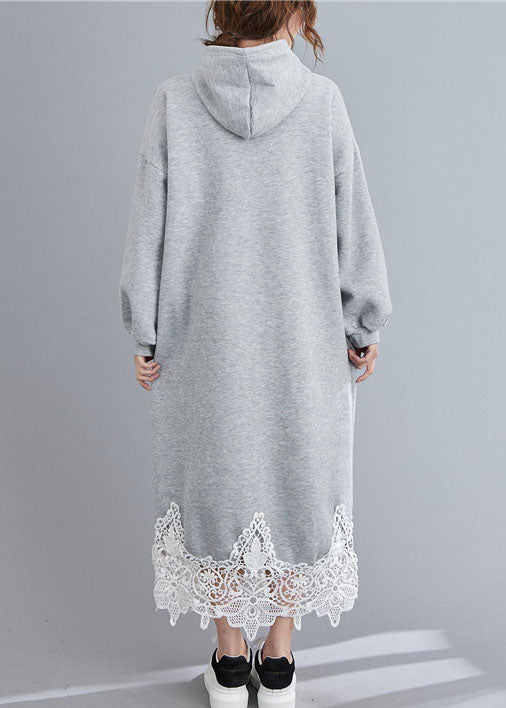 Grey Hooded Patchwork Loose Sweatshirts Dress Winter