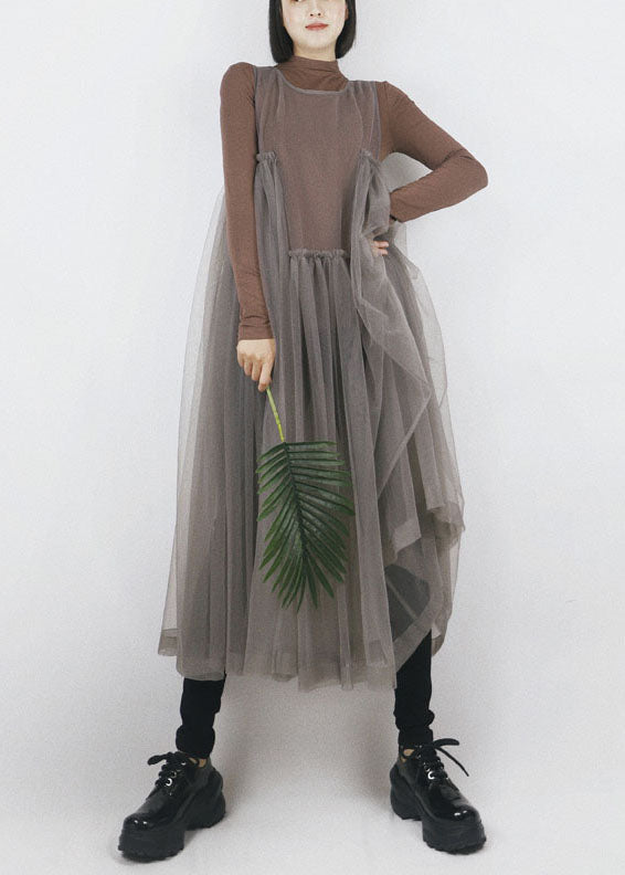 Grey O-neck Asymmetrical Design Tulle Long Dress Sleeveless