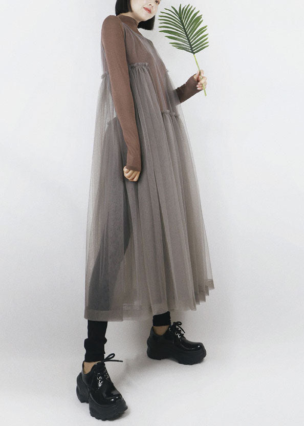 Grey O-neck Asymmetrical Design Tulle Long Dress Sleeveless