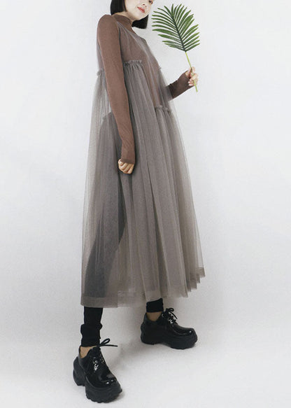 Grey O-neck Asymmetrical Design Tulle Long Dress Sleeveless