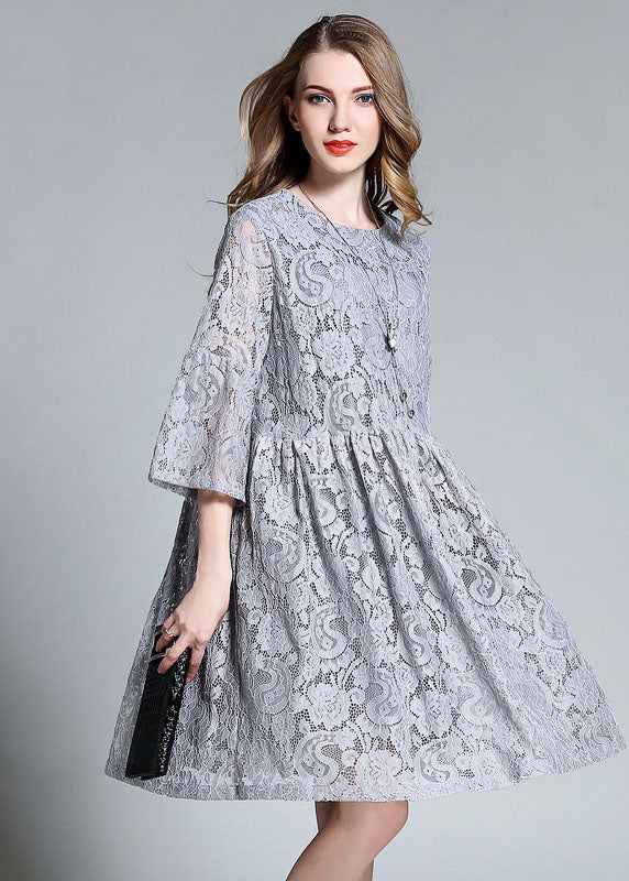 Grey O-neck Patchwork Lace Maxi Dresses Bracelet Sleeve