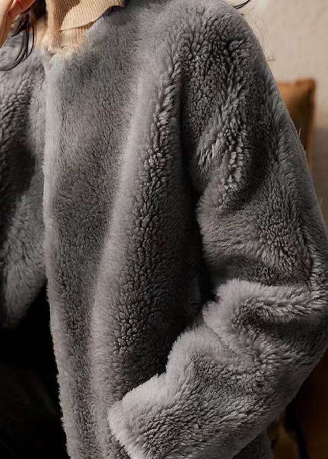 Grey O Neck Pockets Patchwork Wool Jackets Winter