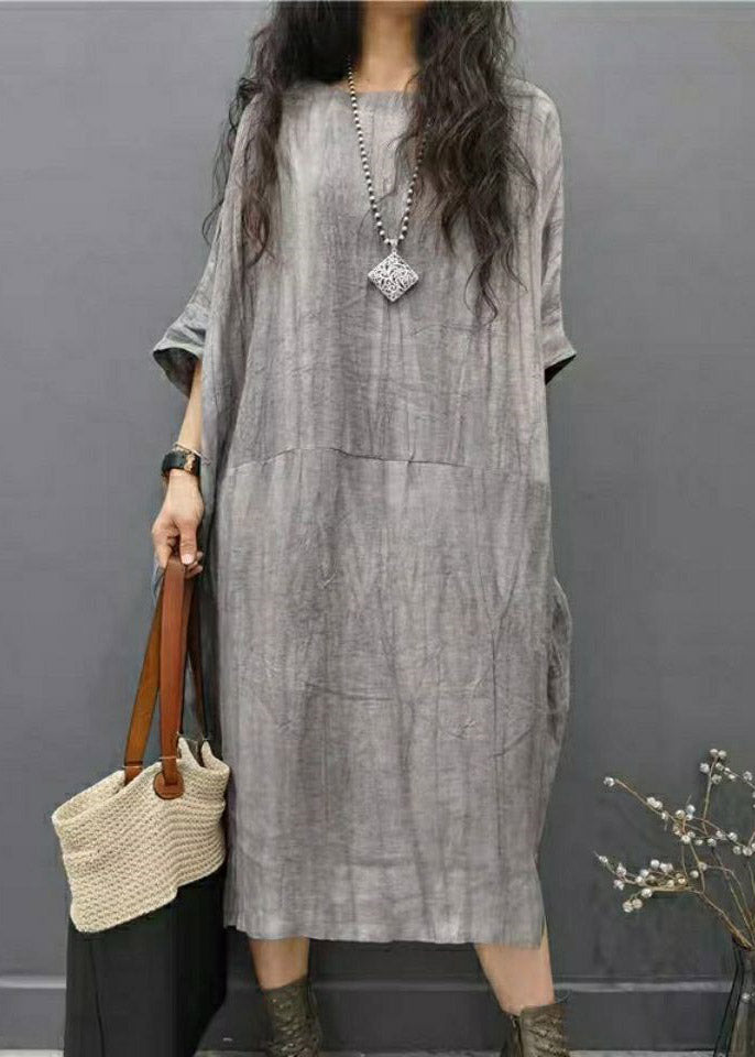 Gray Geometry O-neck Wrinkled Side Open Linen Long Dress Batwing Sleeve