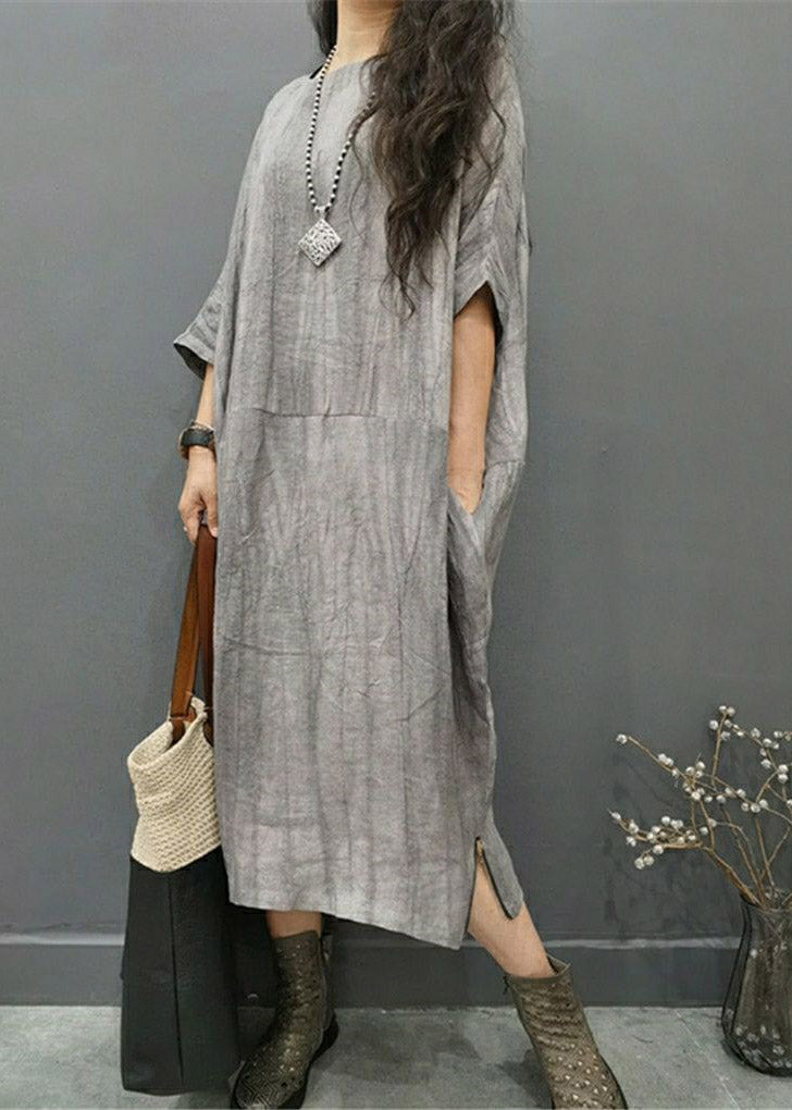 Gray Geometry O-neck Wrinkled Side Open Linen Long Dress Batwing Sleeve