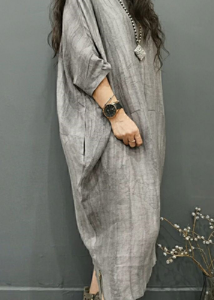 Green Text O-neck Wrinkled Side Open Linen Long Dress Batwing Sleeve
