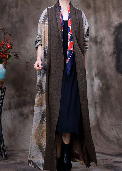 Grey Patchwork Print Knit Woolen Coats Winter