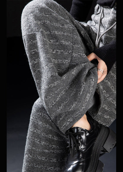 Grey Pockets Striped Woolen Wide Leg Pants Winter