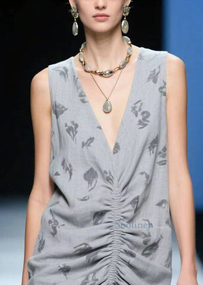 Grey Wrinkled Side Open Cotton Tea Dress Summer