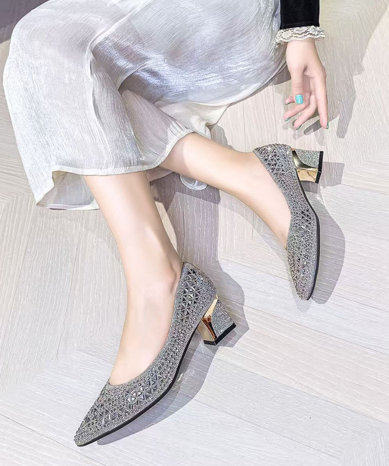 Hollow Out Chunky High Heels Silvery Faux Leather