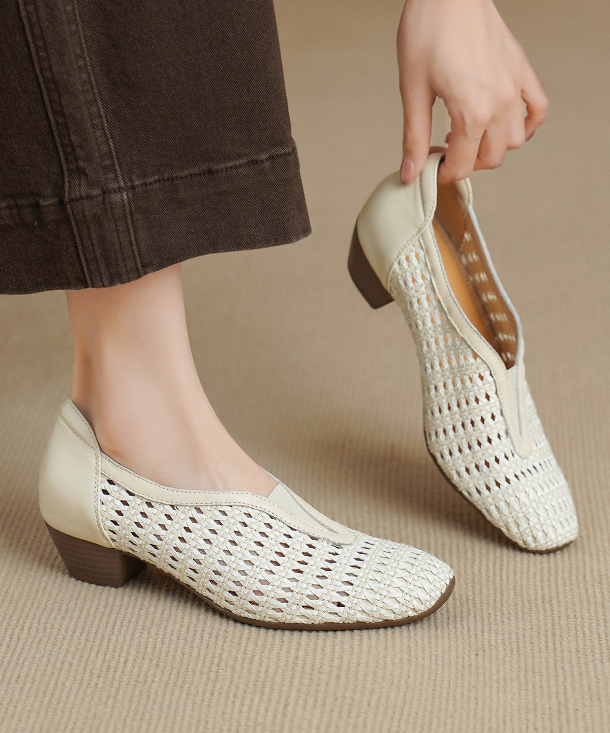 Hollow Out Chunky Sandals Brown Sheepskin