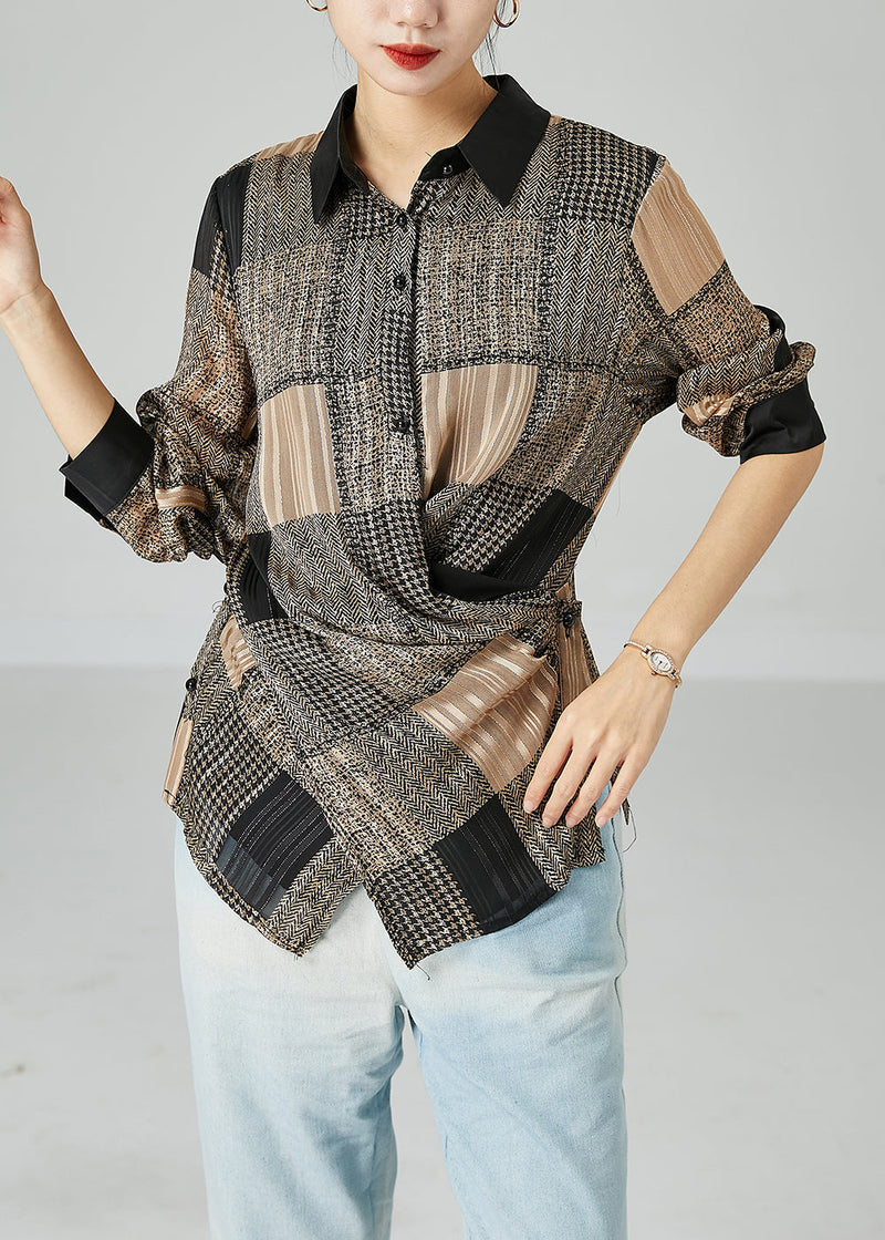 Khaki Asymmetrical Design Plaid Chiffon Shirts Spring