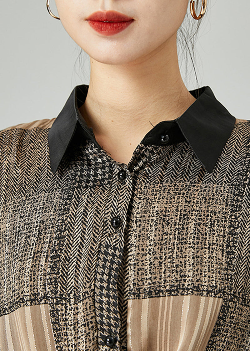 Khaki Asymmetrical Design Plaid Chiffon Shirts Spring