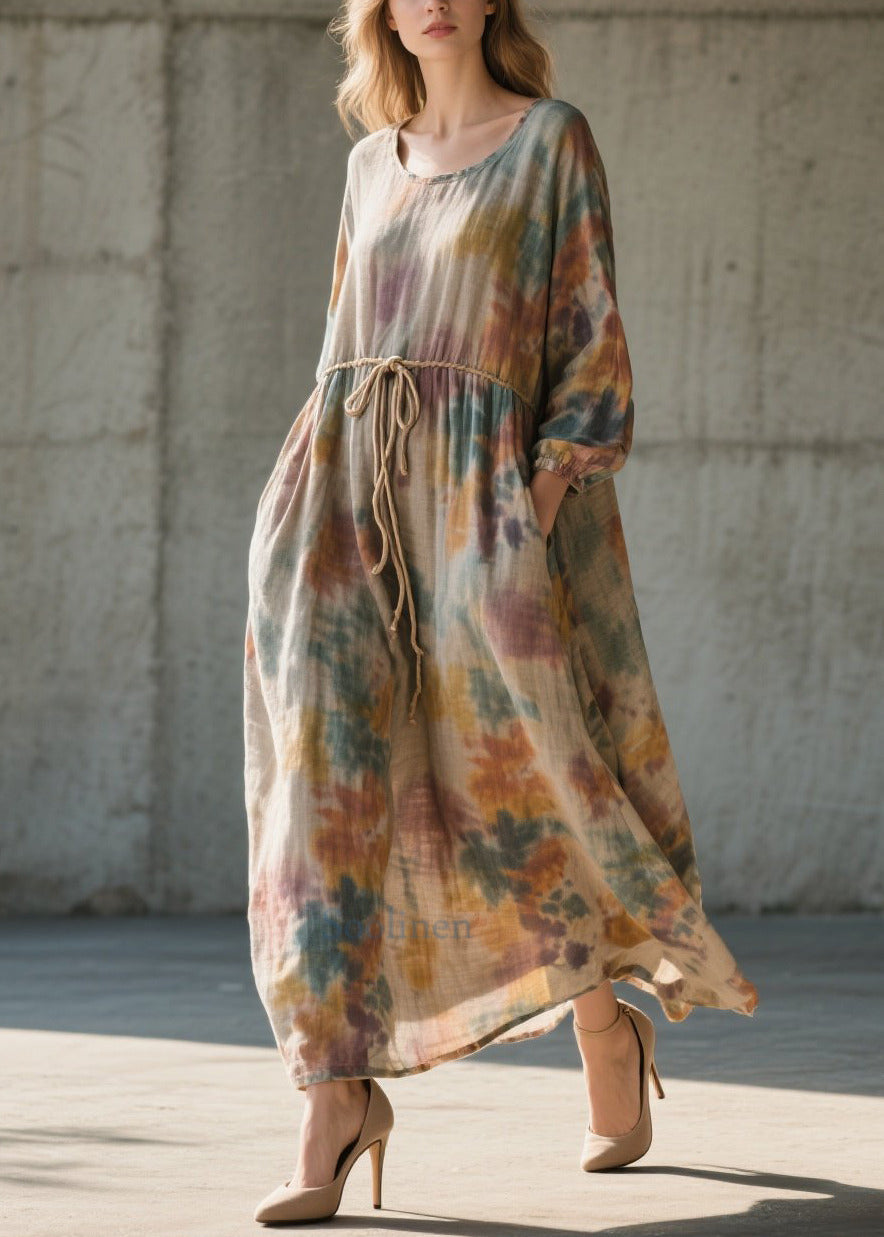 Khaki Cinched Tie Dye Cotton Long Dress Fall