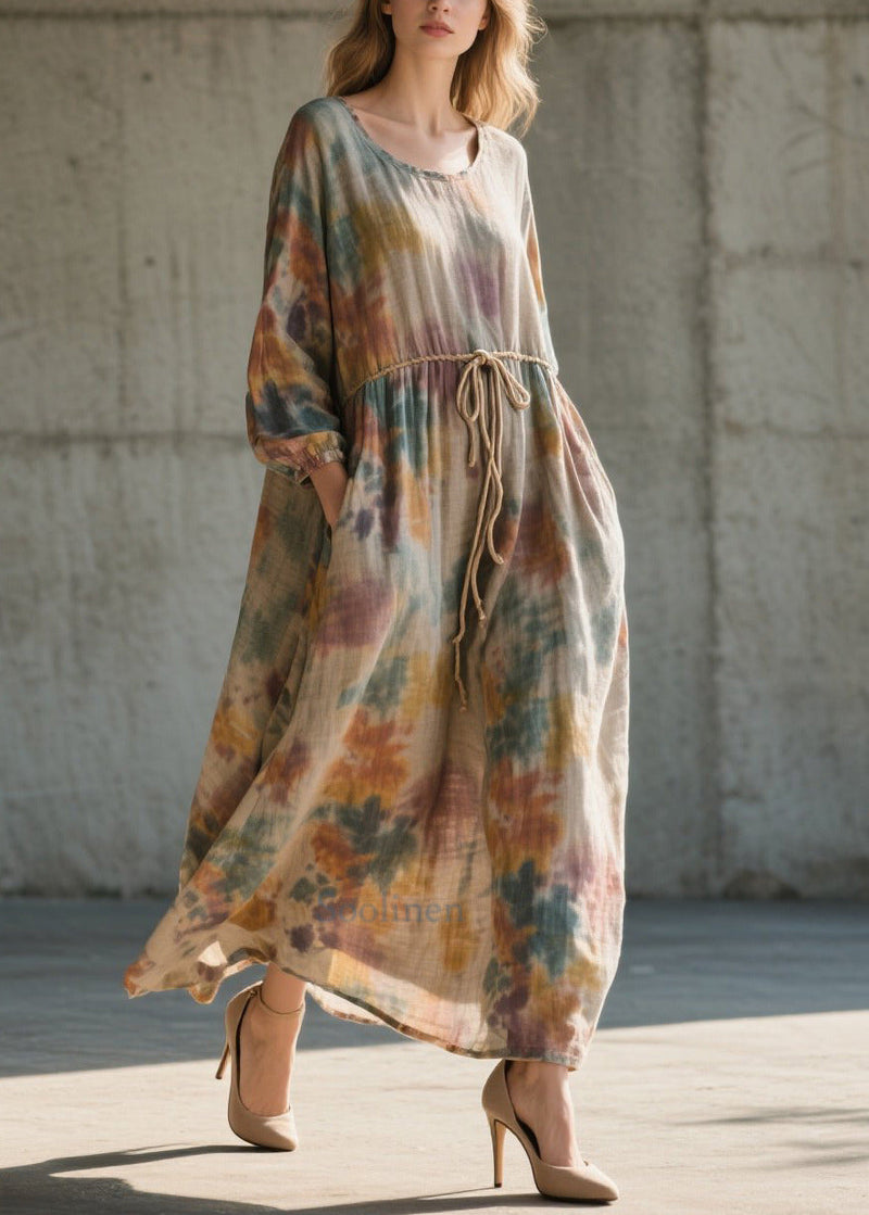 Khaki Cinched Tie Dye Cotton Long Dress Fall