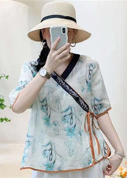 Khaki Embroideried Lace Up Patchwork Linen Tops Summer