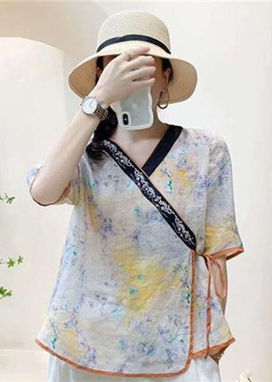 Khaki Embroideried Lace Up Patchwork Linen Tops Summer