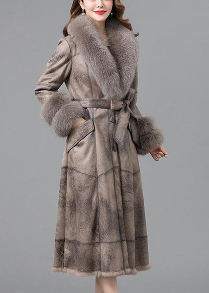 Khaki Fur Collar Thick Faux Rabbit Leather and Fur Winter